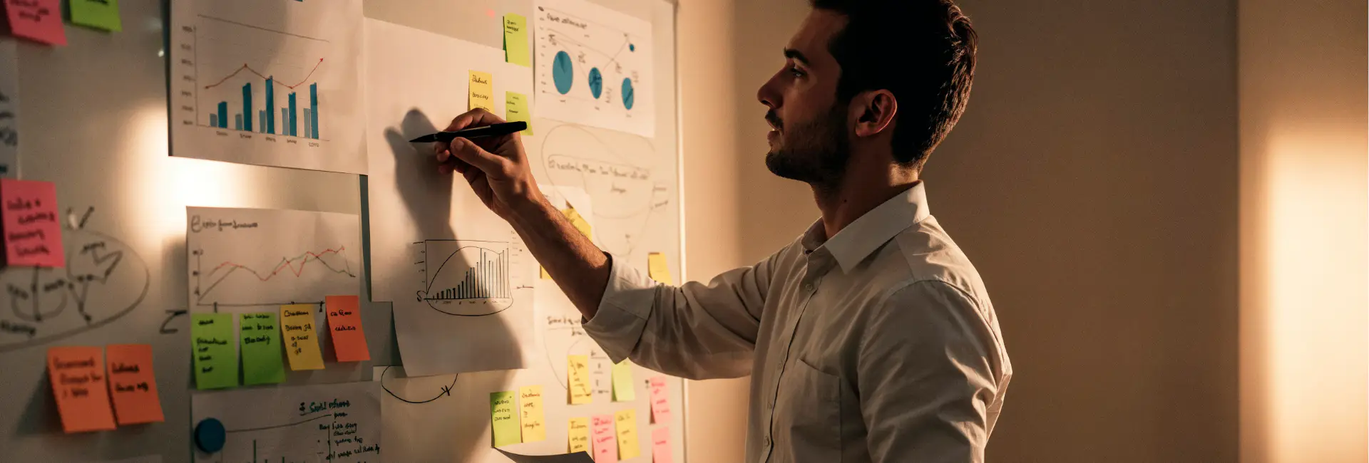 Empresário desenvolvendo estratégia de negócio com gráficos e metas no notebook.